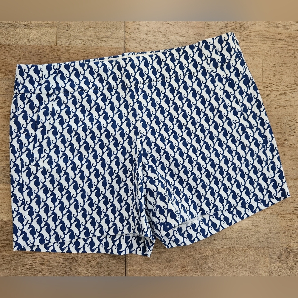 J. Crew 4" Chino Shirts All Over Pattern Seahorse Navy Blue White Size 10 (H11)